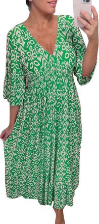 Generic Summer Dress Midi Large Sizes - Bohemian Vintage Beach Dress Womens Ankle-Length Flower Dress High Waist 3/4 Sleeves V-Neck Casual Dress Elegant Loose