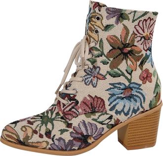 Generic Womens Ankle Boots Floral Embroidered with Block Heel Pointed Toe Lace-Up Combat Booties Retro Stylish Casual Shoes For Women Autumn Winter size 6.5