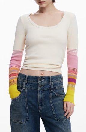 Desigual Stripe Detail Cotton Blend Rib Top in White at Nordstrom Rack, Size X-Large