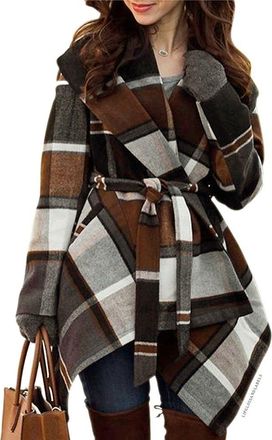 Chicwish Womens Turn Down Shawl Collar Earth Tone Check/Black White Grid/Black/Plum/Cream/Pink Wool Blend Coat (Brown, M)