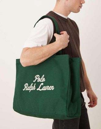 Polo Ralph Lauren Borsa shopping grande in tela verde scuro con scritta del logo