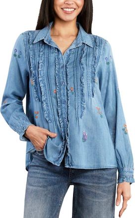 BILLY T Garden Embroidered Ruffle Pintuck Shirt in Washed Blue at Nordstrom, Size X-Large