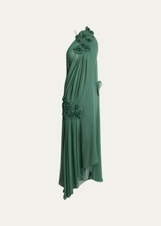 Victoria Beckham Pleated Silk Georgette Floral Applique Asymmetric Gown