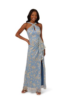 Adrianna Papell Womens Halter Soft Skirt Gown - Blue - Size 18 UK