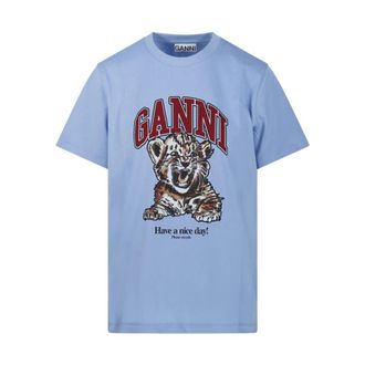 Ganni T-Shirts, female, Blue, S, Basic Jersey Tiger Relaxed T-Shirt