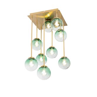 QAZQA Qazqa - Art D&eacute;co Plaf&oacute;n Art Deco Dorado Con Cristal Verde 9-luces - Athens Acero /vidrio Cuadrada Adecuado Para Led Max. 9 X 28 Watt