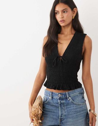 Abercrombie & Fitch Top nero con scollo squadrato in punto smock
