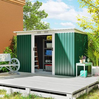 OUTSUNNY 9 x 4FT Outdoor Metal Frame Garden Storage Shed w/ 2 Door in Dark Green