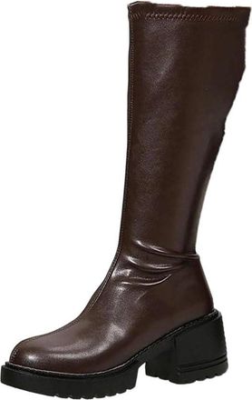 Generic Women Knee High Boots Thick Heel Side Zipper Pu Leather Winter Motorcycle Style Casual Boot