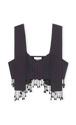 Ganni Navy Stretch Stripe Beaded Fringes Panel Strap Top - Size 10/12 Elastane