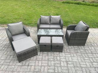 Fimous 7 Seater Rattan Lounge Sofa Set Outdoor Garden Furniture Set with Rectangular Coffee Table Love Sofa 3 Footstools in Dark Grey