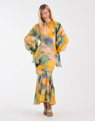 Asos Vestito lungo accollato verde con stampa floreale e fondo a godet-Multicolore