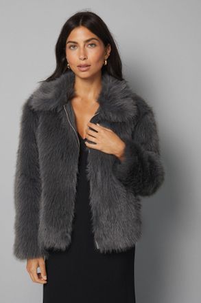 Wallis Womens Zip Through Short Fur Coat - Grey - Size 16 UK
