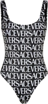 Versace Badpak uit &eacute;&eacute;n stuk met wit en zwart logo - Dames - Badpakken - Zwart - S - Polyester - Badmode