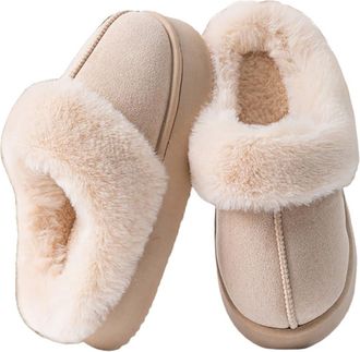 Generic Womens Fuzzy Platform Scuff Slippers, Non-Slip Slip-On Winter Suede House Shoes, Warm Plush Fur Lined Memory Foam Indoor Outdoor Comfy Slippers,Beige,