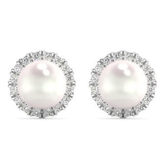 Pompeii3 6mm Pearl & Diamond Halo Studs Womens 14k Gold Earrings Lab Grown