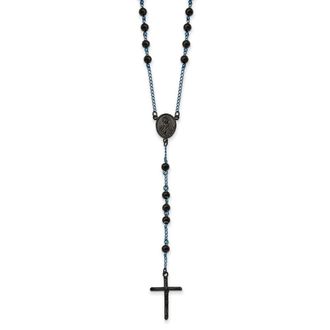 Diamond2Deal Stainless Steel Polished Black and Blue IP-plated Rosary Cross Necklace 30