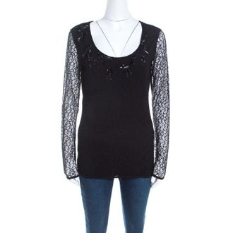Escada Black Lace Overlay Jersey Crystal Embellished Scoop Neck Erbrou Top