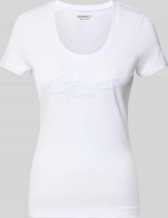 Guess T-Shirt mit U-Ausschnitt Modell SCRIPT in Weiss, Gr&ouml;&szlig;e XL