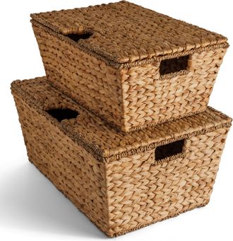 Best Choice Products Set of 2 X-Large & Medium Woven Storage Baskets W/Lids, Hyacinth Nesting Organizer Bins