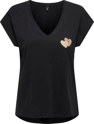 Only T-shirt met V-hals en hartmotief op de borst