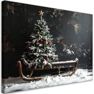 Feeby Cuadro Sobre Lienzo, &Aacute;rbol De Navidad Trineo Nieve, 120x80