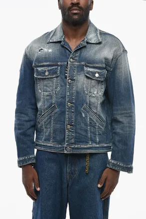 Dsquared2 ICON Vintage-Effect Denim Jacket with Logo Buttons Dsquared2