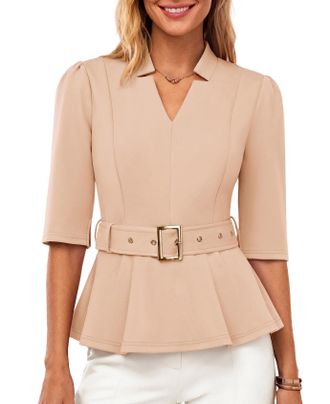 Grace Karin Women 3/4 Sleeve Wrap Blouse Casual V Neck Peplum Shirts Elegant Slim Fit Office Work Tops with Belt Apricot M