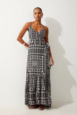 Karen Millen Womens Tile Print Spun Viscose Beach Dress - Monochrome Multi - Size X-Small