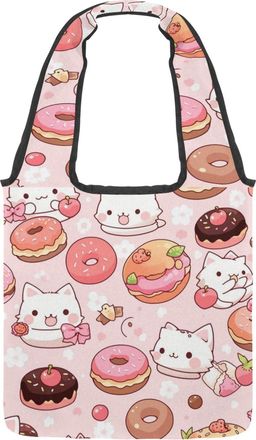 Generic Cute Cartoon Kitten Reversible Canvas Shoulder Tote - Double-Sided Print, 12oz Cotton, 27cm Drop, Fold-Flat Bag for Travel, Shopping, Street Outings