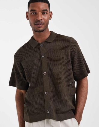 Obey Zach - Camicia in maglia marrone con bottoni