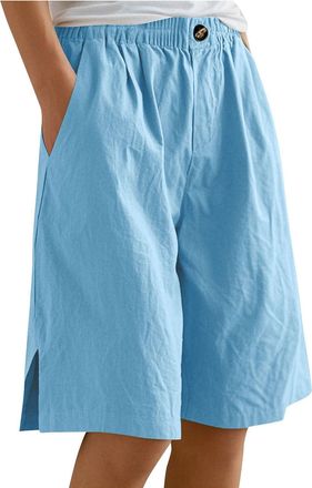 Generic Bermuda Shorts for Women Wide Leg Linen Knee Length Summer Casual Long Shorts Loose High Waisted Short with Pockets