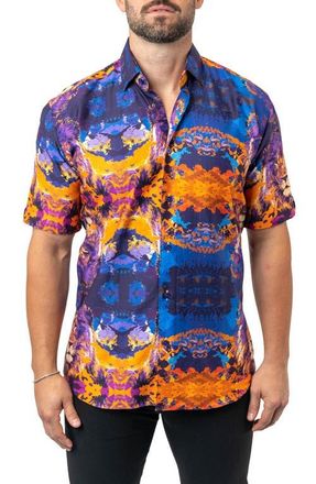 Maceoo Galileo Earthlion 94 Multi Contemporary Fit Short Sleeve Button-Up Shirt in Blue at Nordstrom, Size 3
