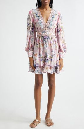 Camilla Palatial Pastels Crystal Embellished Long Sleeve Silk Dress in Palatial Pastels Palapast at Nordstrom, Size Large