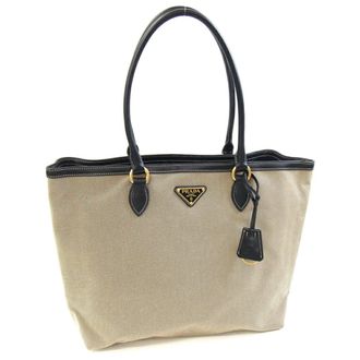 Prada Beige Brown Black Canvas Leather Tote Bag (Pre-Owned)