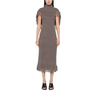 SIMKHAI Kleedjes, Dames, Bruin, S, Wol, Jordan Knit Fringe Midi Jurk