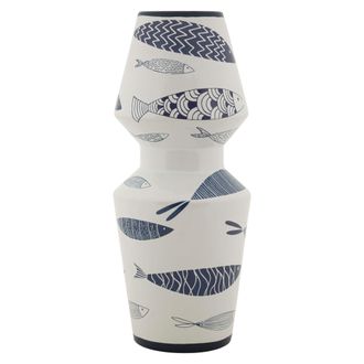 Dmora Vaso Verra, Disegni Con Pesci, Bianco, Colore Struttura Blu