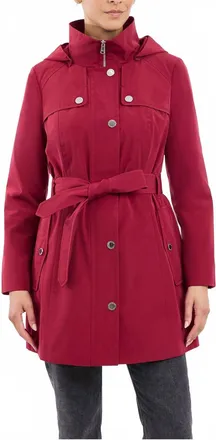 London Fog Zip Front High-Neck Hooded Trench Coat In Cranberry