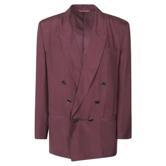 Saint Laurent Double-breasted Jacket in Silk Habotai - female - Saint Laurent - Blazers - Purple - S - Jackets