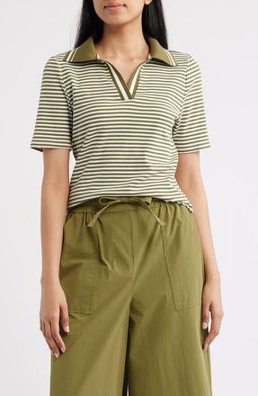 Bernardo Stripe Johnny Collar Polo in Cream/fir Green at Nordstrom, Size X-Small