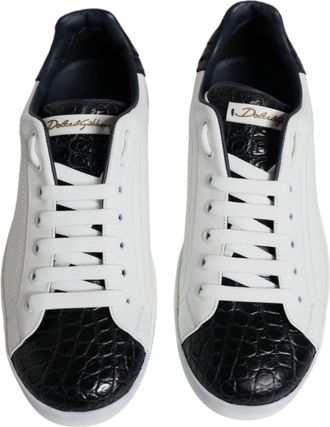 Dolce & Gabbana Mens White Leather Logo Portofino Sneaker Shoes Black And Calfskin Croc