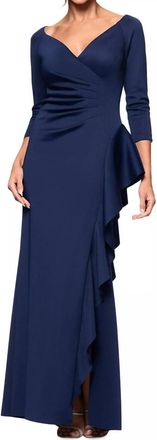 Xscape V-Neck Ruffled Side-Slit Scuba Gown In Navy