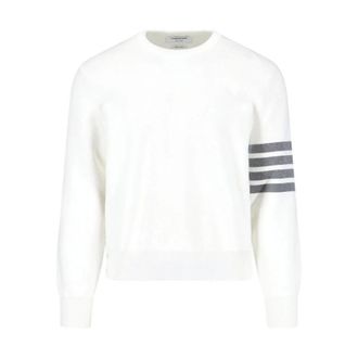 Thom Browne Round-neck Knitwear, male, White, Size: XL Cotton Crepe 4-Bar Pullover