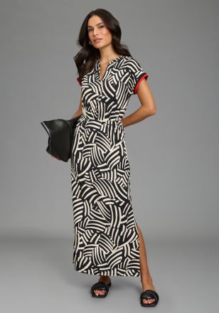 Laura Scott Midikleid LAURA SCOTT, Damen, Gr. 36, N-Gr, schwarz, beige, Jersey, Obermaterial: 95% Viskose, 5% Elasthan, gemustert, figurumspielend Midi, Rundhals,