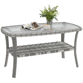 OUTSUNNY Mesa De Jard&iacute;n Exterior De Rat&aacute;n Con Estante, Mesita Auxiliar De Jard&iacute;n Rectangular, Tablero De Vidrio Templado, 90x50x45 Cm, Gris Oscuro