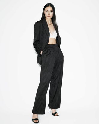 AllSaints Polyester/Viscose Averie Pinstriped Wide Leg Trousers, Size: UK 14/US 10