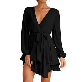 Generic Womens Cocktail Dresses Short Sleeve Empire Skater Dress Deep V-Neck Waist Tie Ruffle Mini Swing Dresses Black