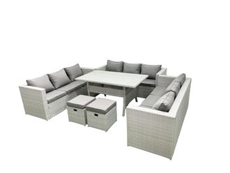 Fimous Rattan Garden Outdoor Furniture Set 11 Seater Garden Sofa Rectangulr Dining Table Set with 2 Small Footstool Light Grey Mixed
