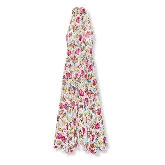 Msgm Maxi Dresses, female, Multicolor, Size: L Long Viscose Georgette Dress with Floral Print and Pleated Skirt