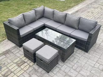 Fimous 8 Seater Rattan Corner Sofa Lounge Sofa Set With Rectangular Coffee Table 2 Stool Left Hand in Dark Grey